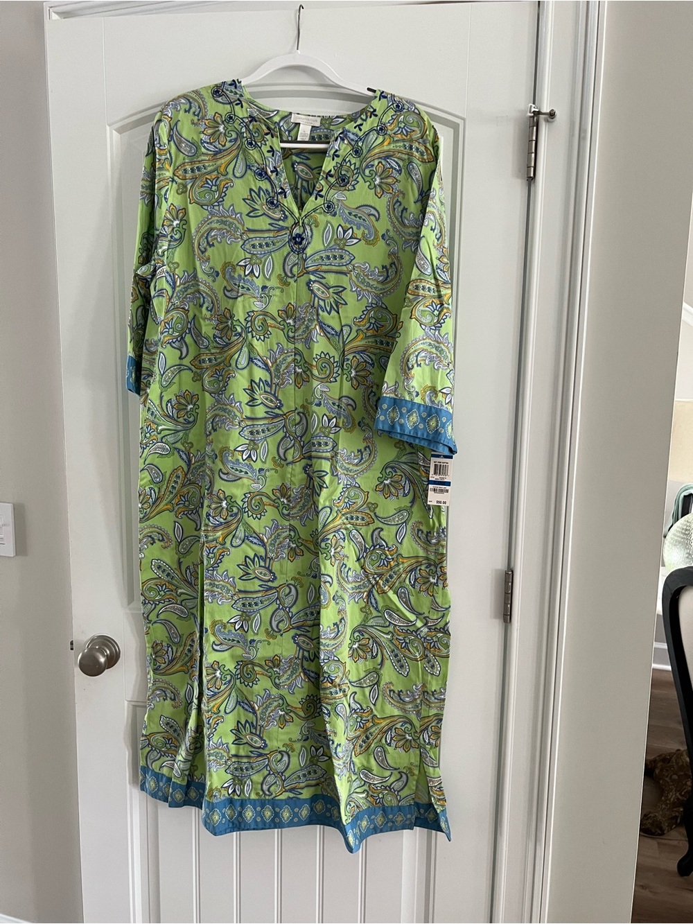 Charter Club Lime Green Paisley Maxi Dress with Blue Trim